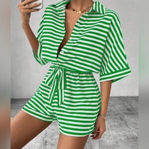 Green and White Striped Half Button Romper
